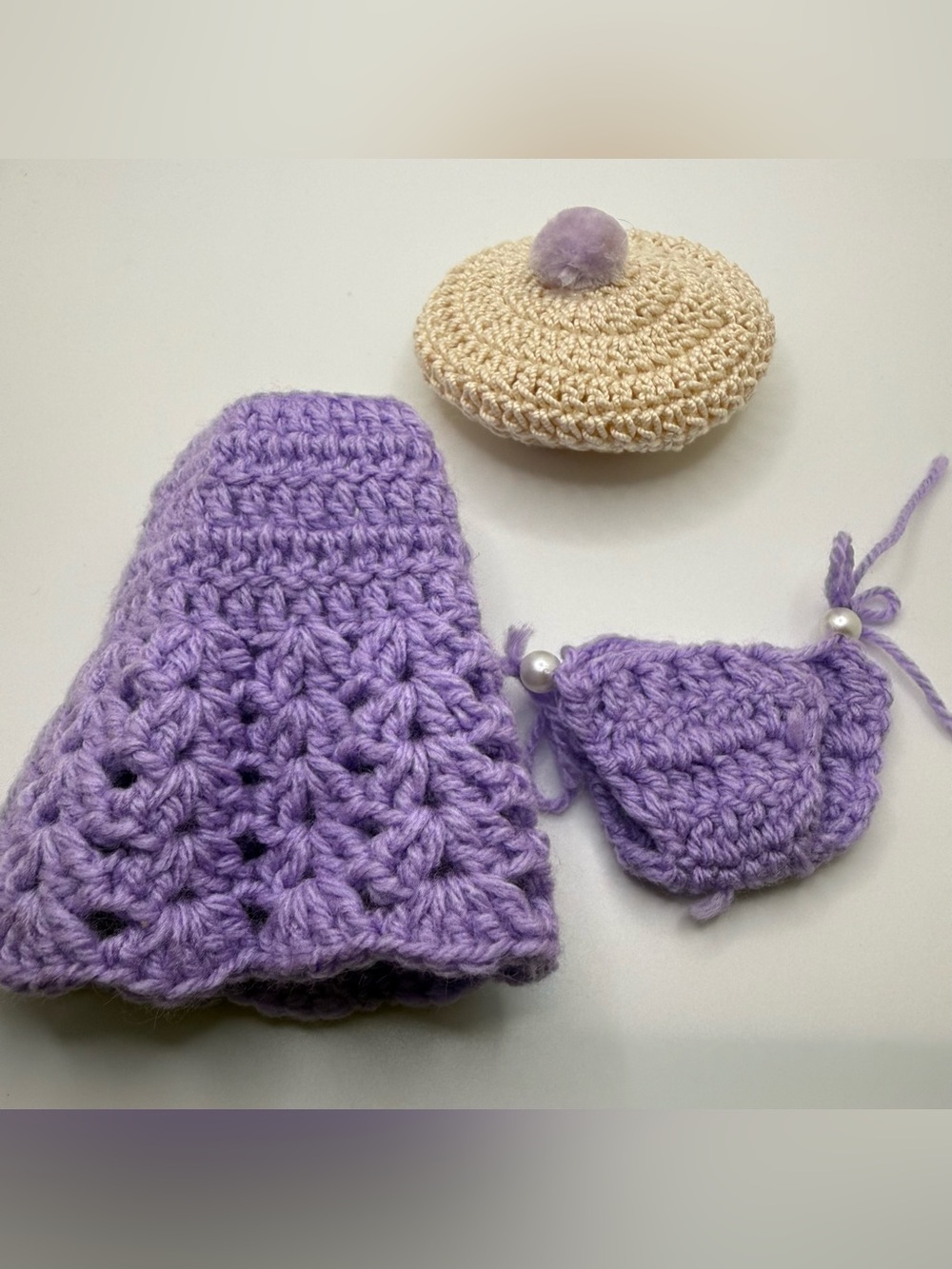 Vintage Handknitted Crochet Doll Clothes Purple Dress Bonnet Purse 7-8 Inch Doll